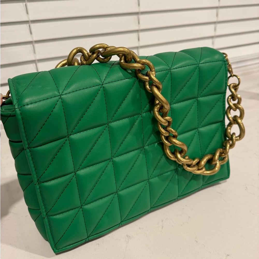 Zara Green Quilted Chain Shoulder Bag
